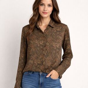 Vintage Talbots Petites Womens Silk Blouse Size 8 Brown Paisley 90s Retro